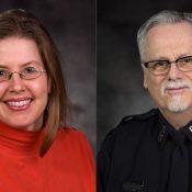 Professor Jennifer Collins, political science, and David Cummings, University Police, we among those honored at the 2024 University Awards.