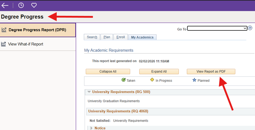 Image of landing screen of the Degree Progress tile in accesSPoint.