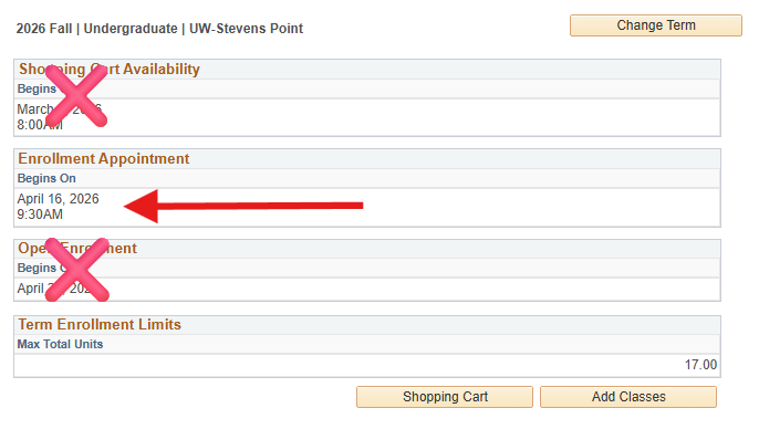 Image of the Enrollment Appointment item in the Registration Dates page.