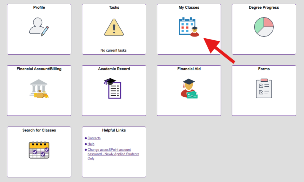 Image of the home page of accesSPoint with an arrow pointing to the My Classes tile.