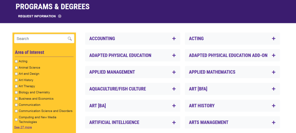 Image of the home page of the UWSP Degrees and Programs web page.