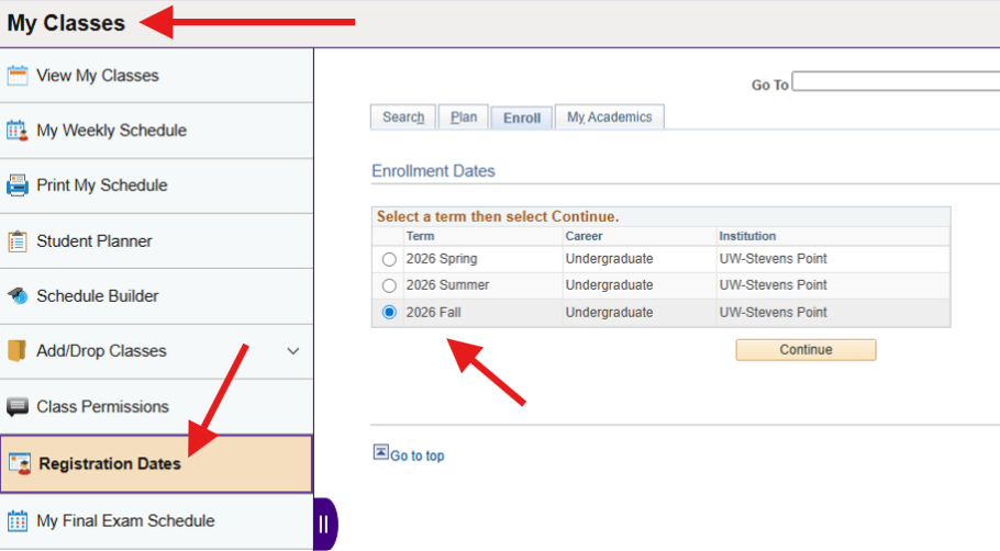 Image of the My Classes tile in accesSPoint with an arrow pointing to the Registration Date menu item.
