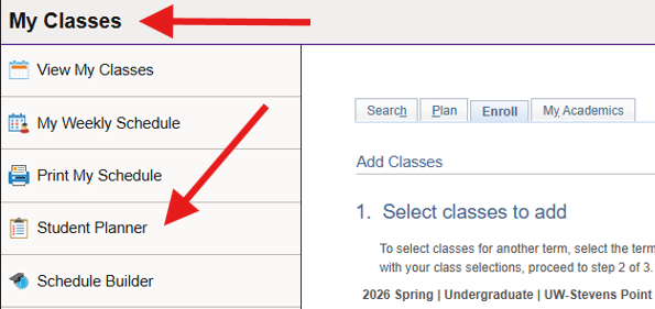 Image of the My Classes tile in accesSPoint with an arrow pointing to the Student Planner navigational menu option.
