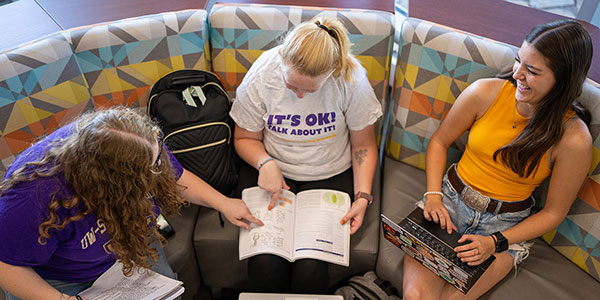 Above angle shot of three students studying with notebooks and laptop on lounge furniture.