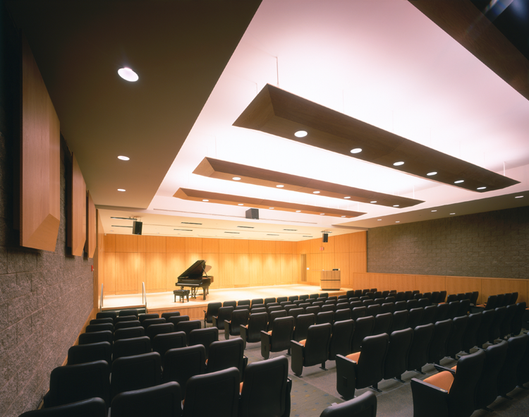 Auditorium style seating showing piano on a stage.