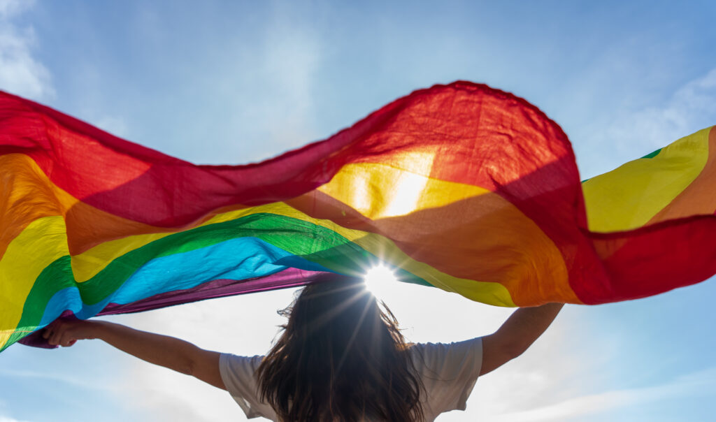 person holds rainbow flag over head with blue sky and sun backdrop