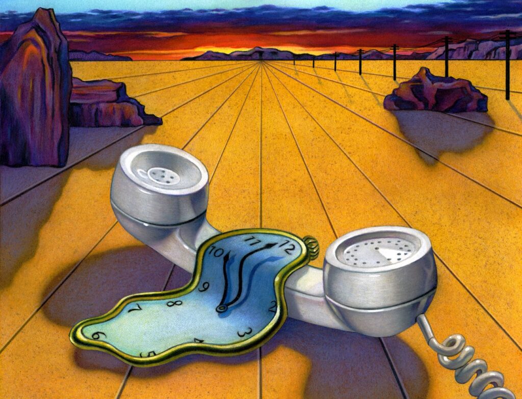 Surrealist art of melting clock over phone on desert landscape