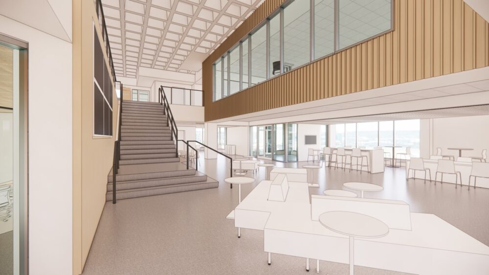 A rendering of the interior atrium of Sentry Hall, with construction to begin next summer.