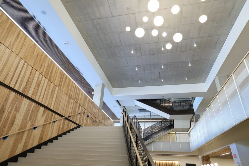 The main staircase creates a stunning focal point inside the new Library and Student Resource Center.