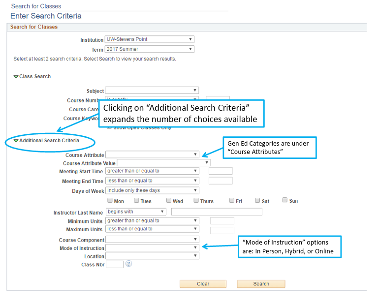 Class Search in accesSPoint additional search criteria options