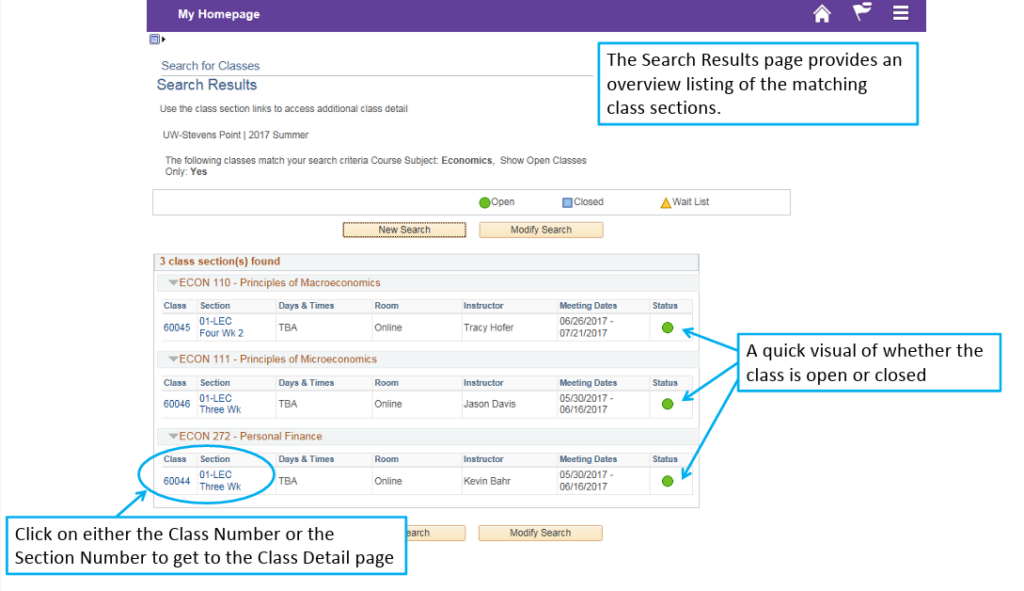 search results overview page for a class search