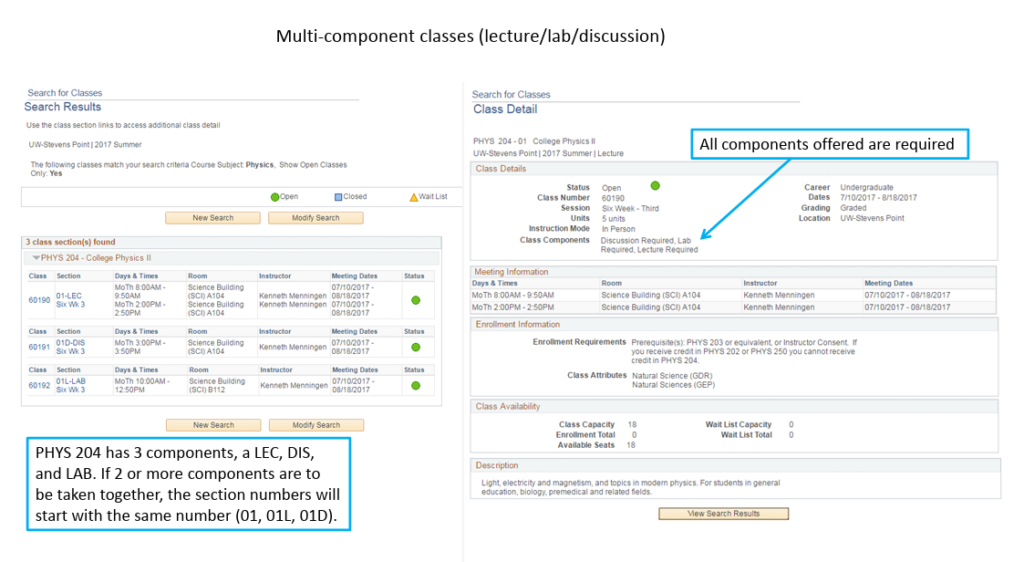 class search result and detail view for multiple component class, lecture/lab/discussion components required