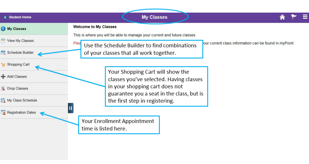 accesSPoint side panel with links to Schedule Builder and Enrollment Shopping Cart