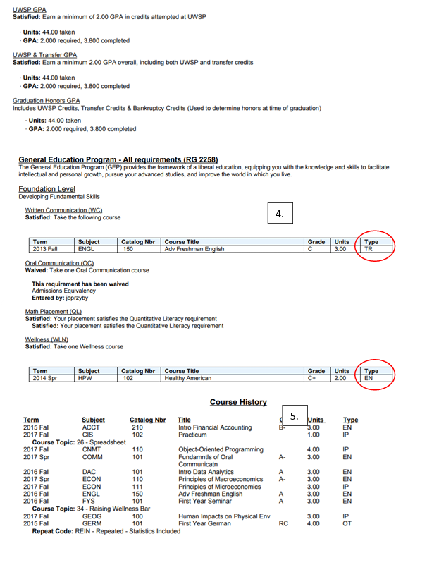 Another page of a degree progress report with another couple sections highlighted including course history
