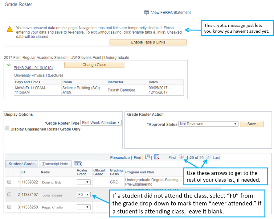 Grade roster view with F0 roster grade listed in a drop down