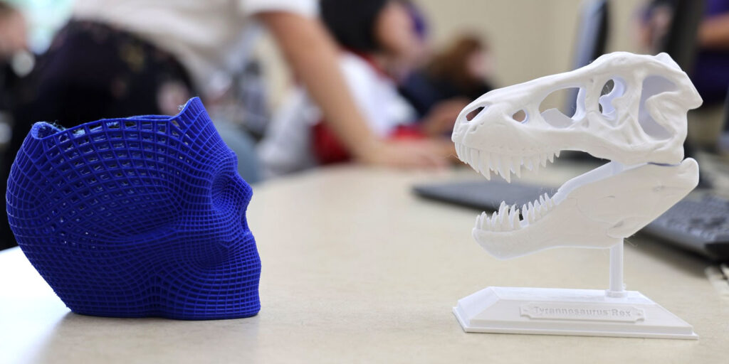 Two 3D printed models sit on a desk including a blue geometric head and a white Tyrannosaurus rex skull.