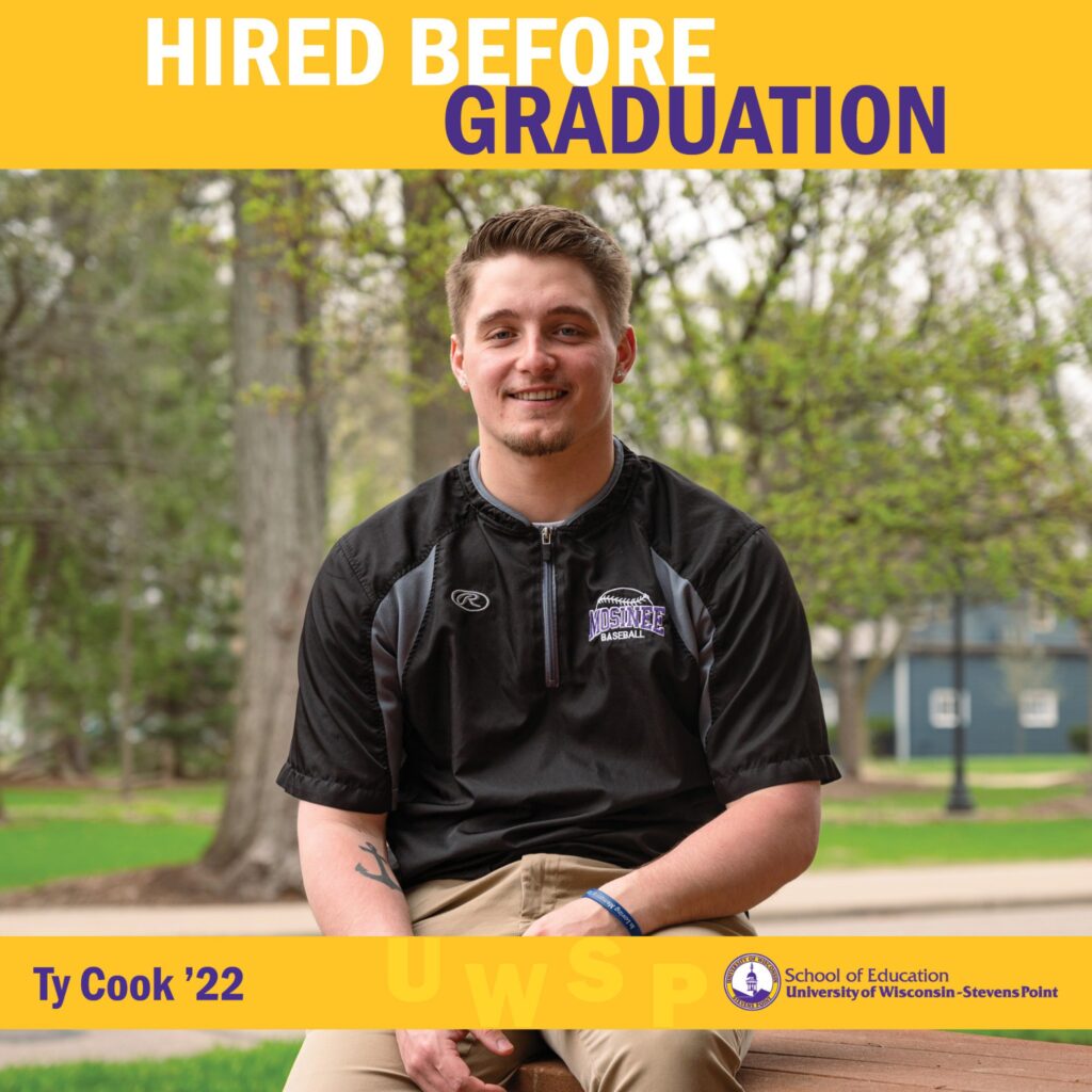 Student outside with a sports shirt on under the “Hired Before Graduation” header.