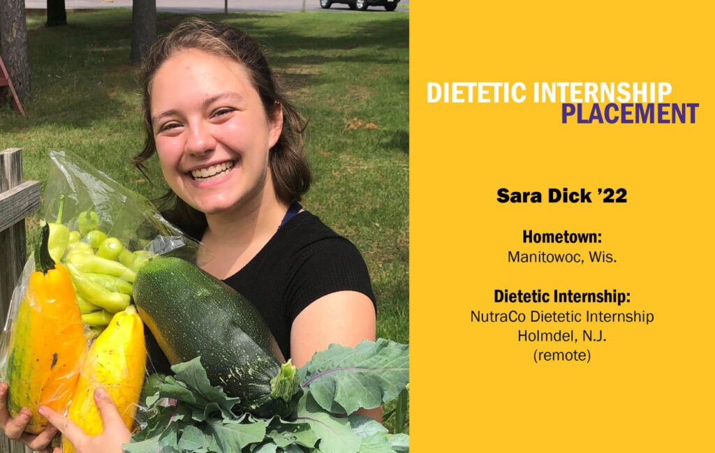 Student outdoors holding fresh vegetables with a Dietetics Internship Placements graphic.