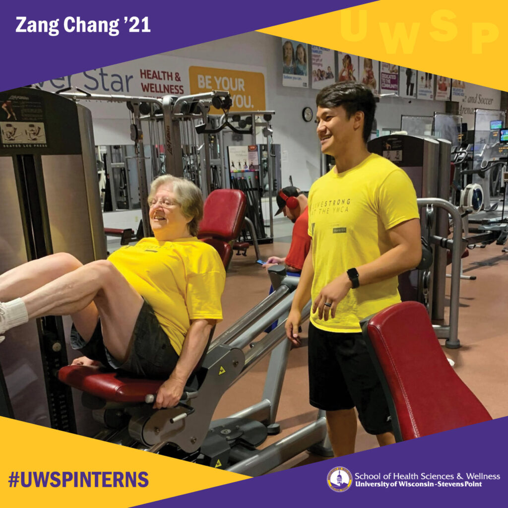 Student standing alongside an older woman working out at a YMCA, both wearing Livestrong shirts.