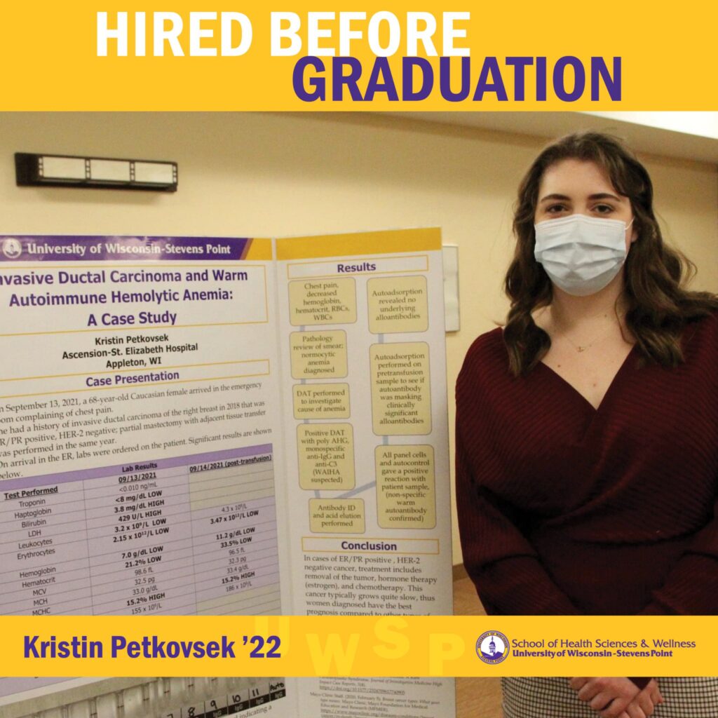 Graduate stands beside a case‑study presentation poster under a “Hired Before Graduation” banner.