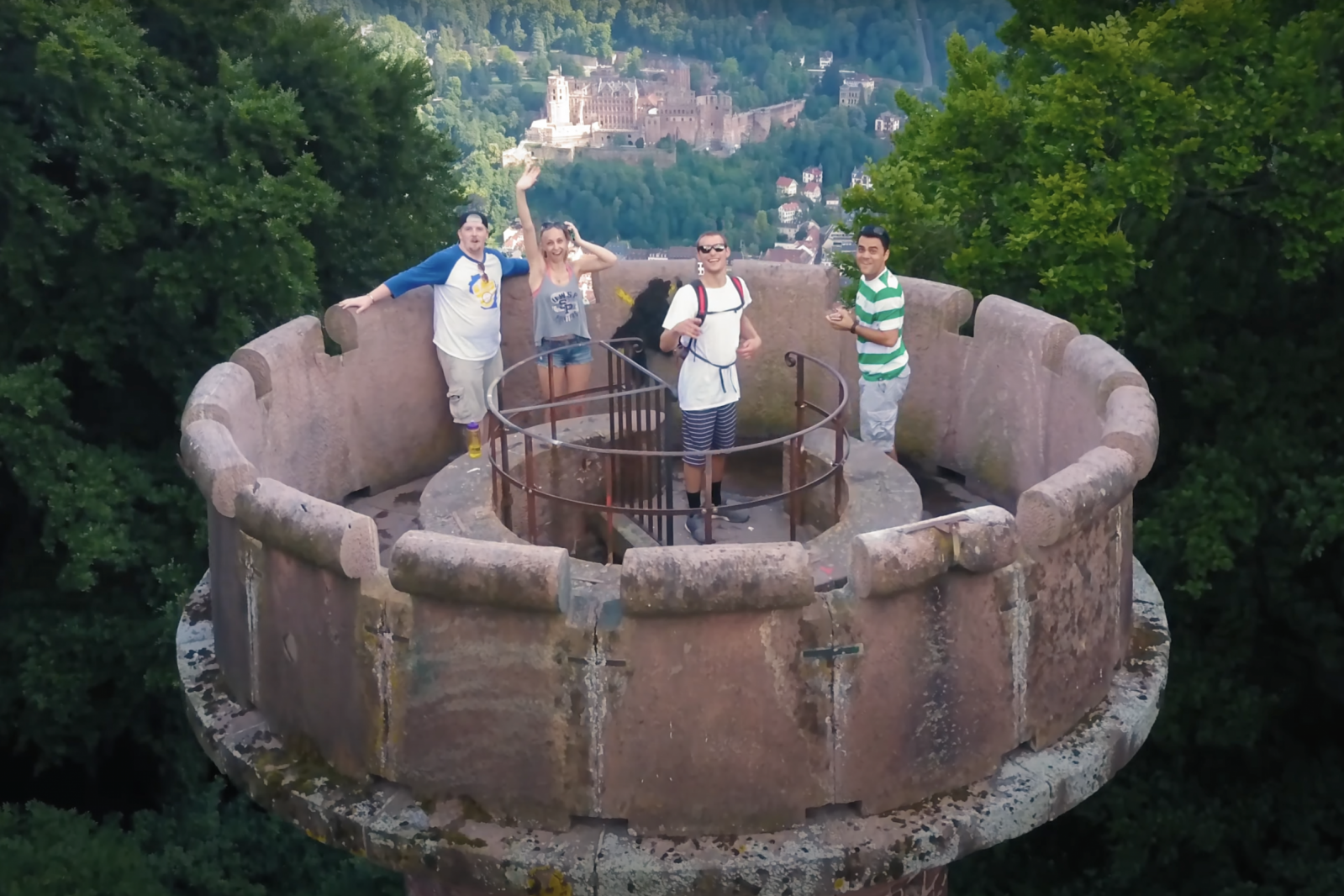 UW-Stevens Point students in a tower while studying abroad.