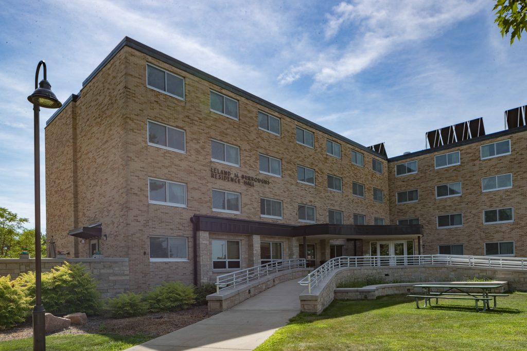 Outside of Burroughs Hall on a sunny day.