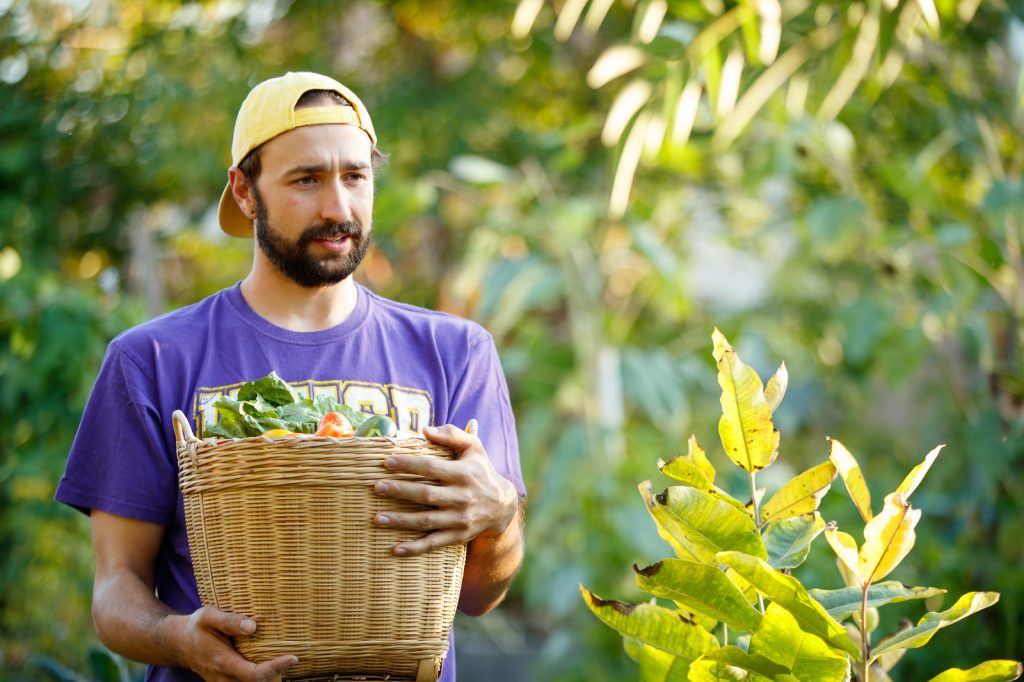 Student walking through the campus garden with a basket of vegetables.