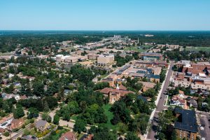 Summer drone photo of Stevens Point campus.