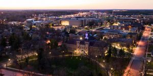 Stevens Point campus at night.