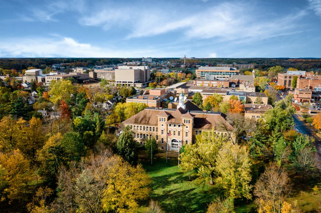 Stevens Point campus drone photo in fall.