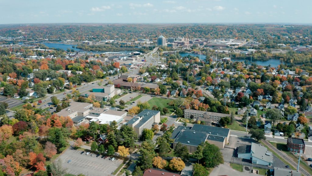 A drone photo of the Wausau campus and community in fall.