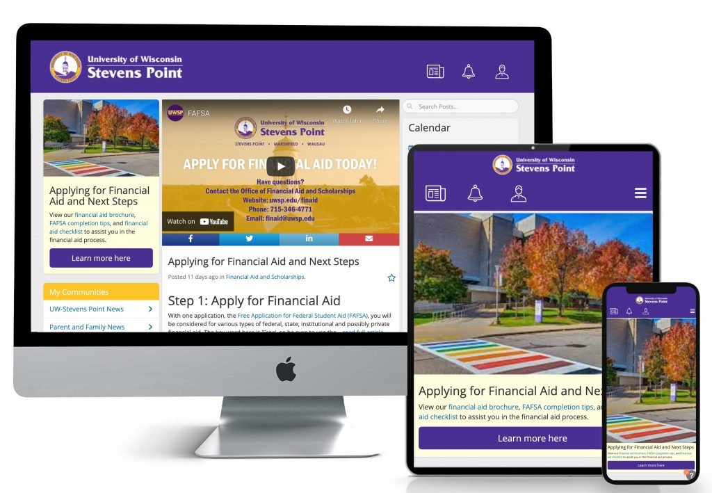 UW-Stevens Point family portal displayed on a computer, tablet, and cell phone.