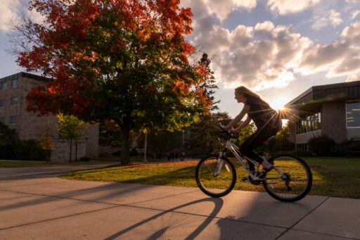 A student riding a bike during golden hour across campus