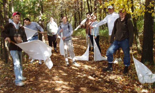 Molecular biology students use white flags to collect deer ticks for research on pathogens they carry.