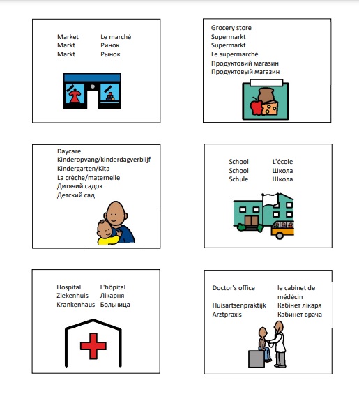 The "Refugee Dictionary" uses common images and translates words into six languages to help refugees and their families communicate in new communities.