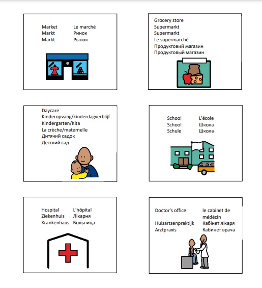 The "Refugee Dictionary" uses common images and translates words into six languages to help refugees and their families communicate in new communities.