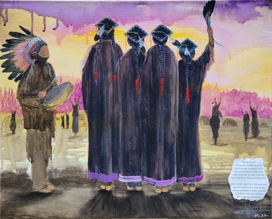 Preliminary design of Native American memorial artwork showing Native graduates, a Native drummer and Native ancestors in the background