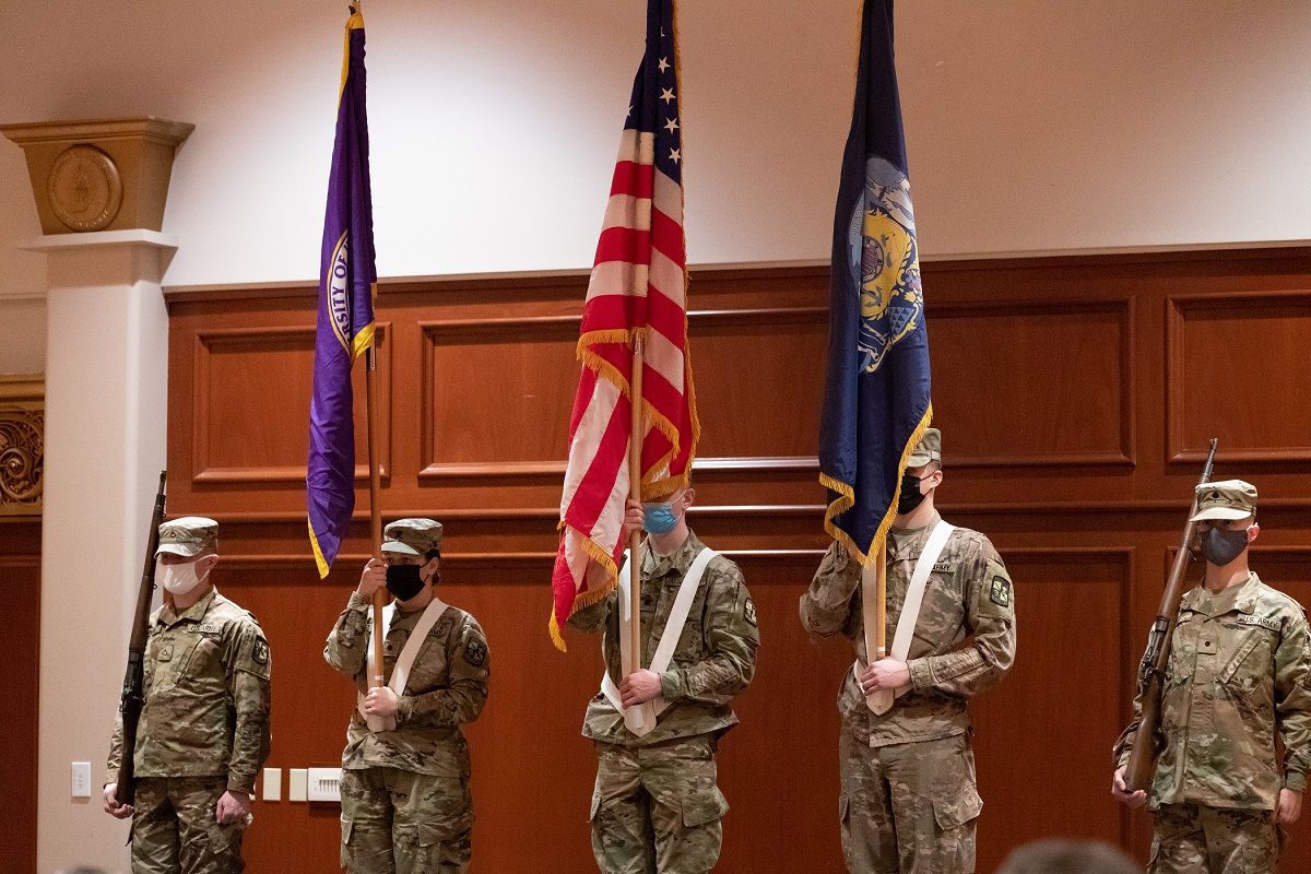 Members of the UW-Stevens Point ROTC Color Guard present the flags at the 2021 Veterans Day ceremony on campus.