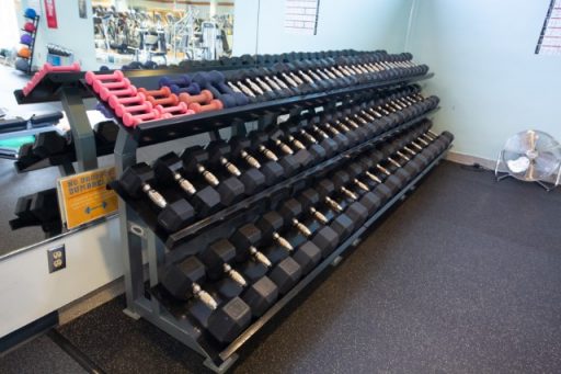 Dumbbells 1lb-50lbs, fan, mirror showing cardio and medicine balls in background