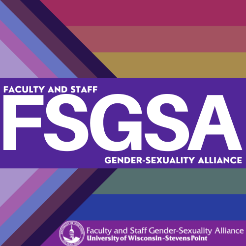 Logo for faculty and staff of the Gender Sexuality Alliance on top of a LGBTQ+ flag.