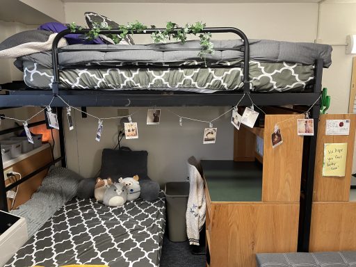 Residence hall room with a lofted bed to make bunk beds