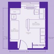 Residence hall floor plan with one bed against the wall and one bed going into the center of the room