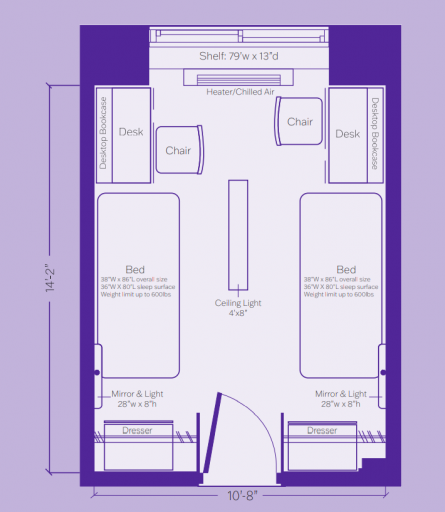 Residence hall floor plan with both beds against the wall