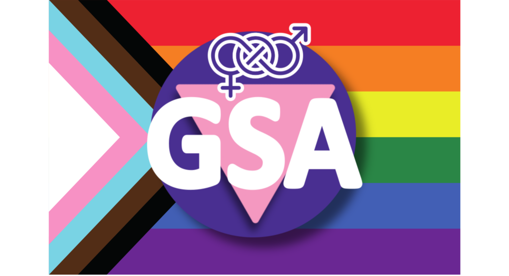 A LGBTQ+ flag with the Gender and Sexuality Alliance logo in front.