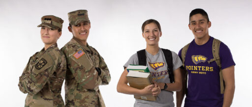 Left side of the photo contains two students, male and female, dressed in military uniforms. Right side of photo contains same students wearing R.O.T.C. shirts and carrying school supplies.