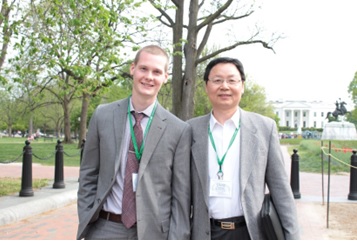 Professor Sun with former student , Ph.D. candidate Joe Grosskopf, at the 2016 Posters on the Hill organized by the Council on Undergraduate Research.