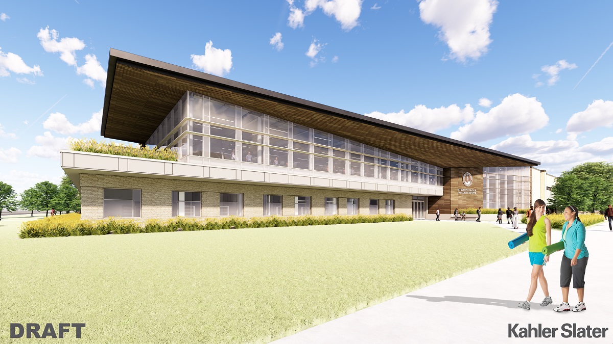 The proposed Student Health and Wellness addition to UW-Stevens Point’s Marshfield Clinic Health System Champions Hall is pictured in this draft rendering by Kahler Slater, an architectural firm in Madison.