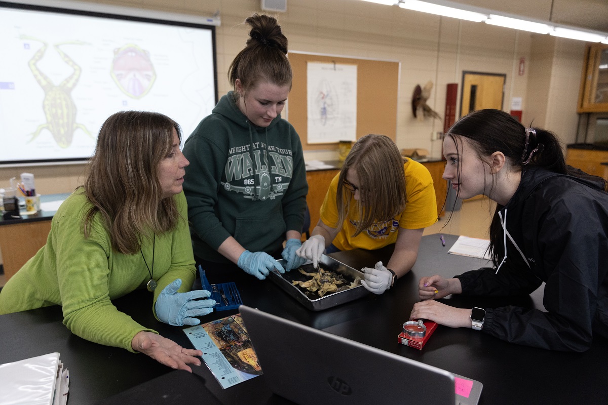 Laura Lee, an associate professor of biology at UWSP at Marshfield, helps students with dissection in one of her laboratory classes.
