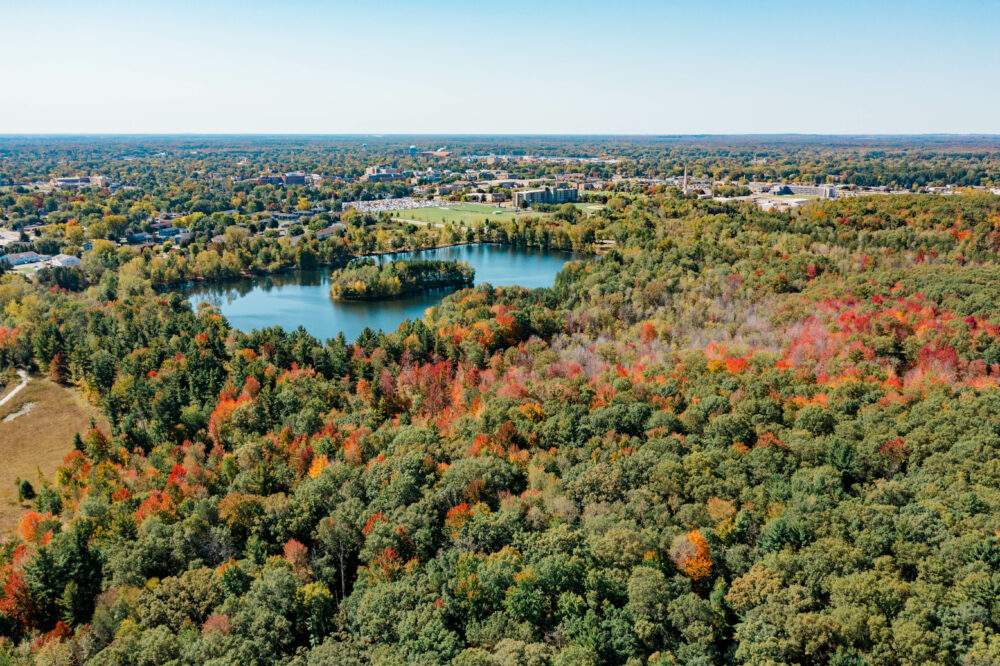 Aerial photo of Schmeeckle Reserve and Lake Joanis in the fall with red, orange and green trees