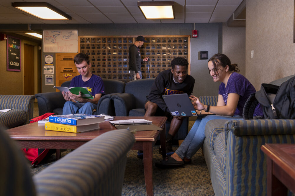 Students in residence hall lobby